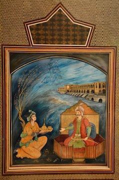 Back of one of six chairs with Persian miniature painting and intricate marquetries Buy persian miniatures and marquetries