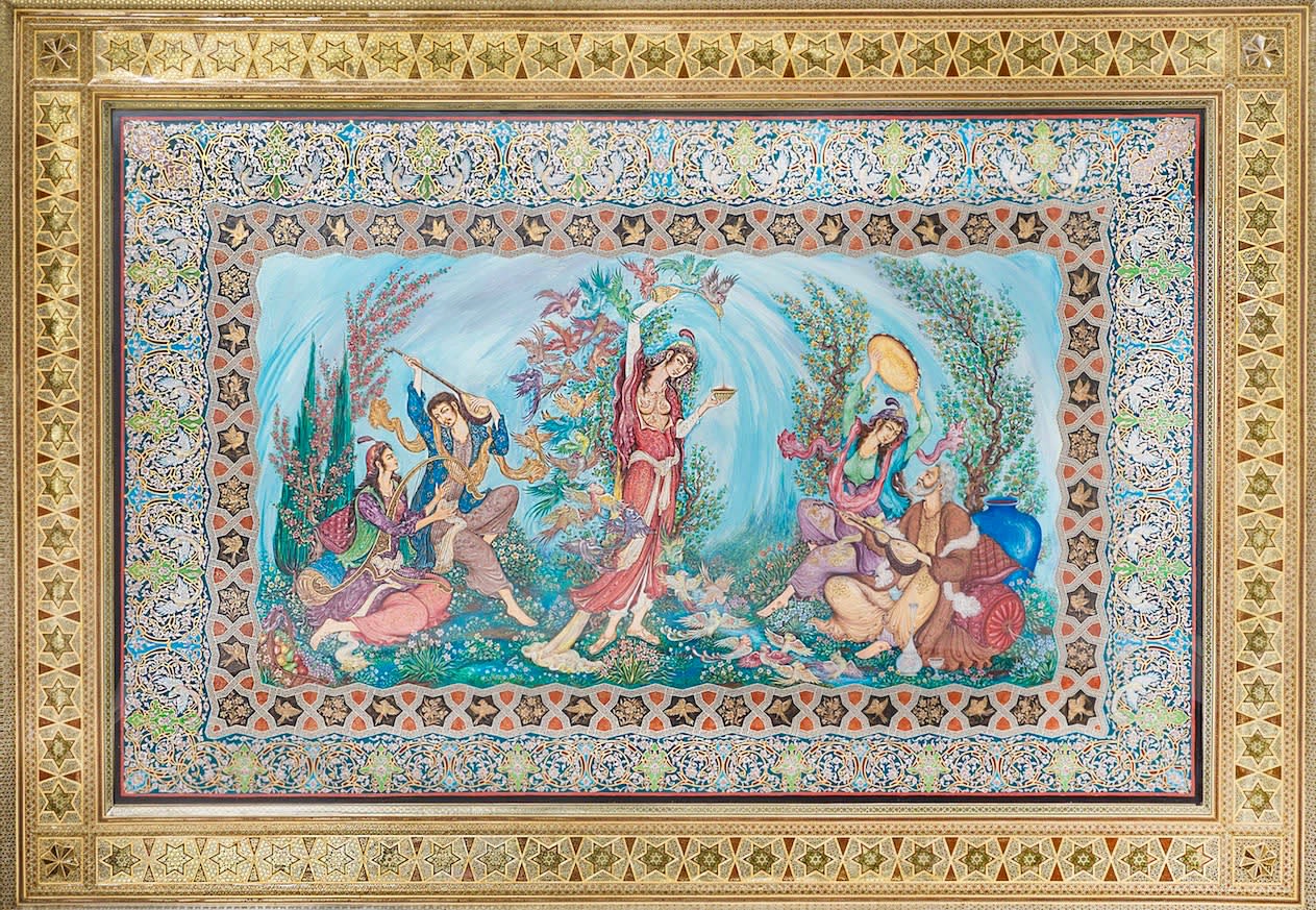 Stylized picture of paradise in Persian miniature painting and a frame with intricate marquetries Buy persian miniatures.