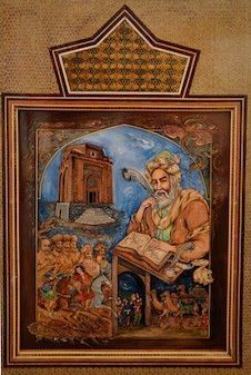 Rückseite einer von sechs Stühlen mit persischer Miniaturmalerei und aufwendigen Intarsien Buy persian miniatures and marquetries