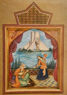 Back of one of six chairs with Persian miniature painting and intricate marquetries Buy persian miniatures and marquetries
